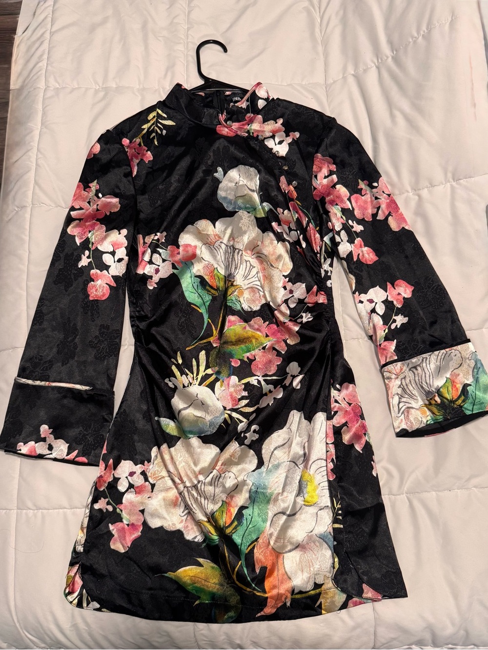 Zara Mandarin Collar Black Floral Satin Mini